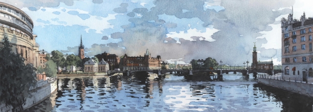 Reproducerad akvarell/giclée - Utsikt från Riksbron mot Riddarholmen